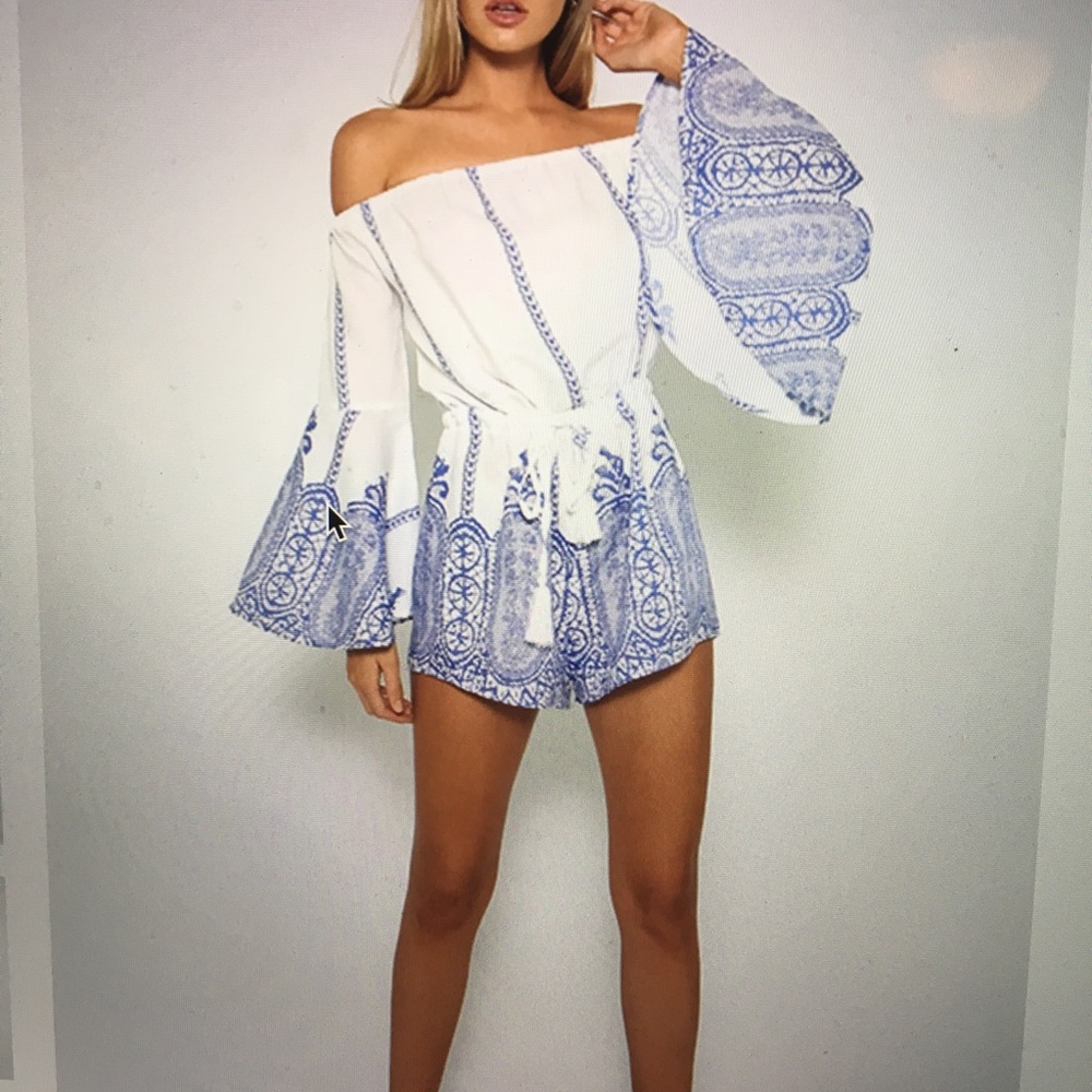 Bell-sleeved white and blue romper